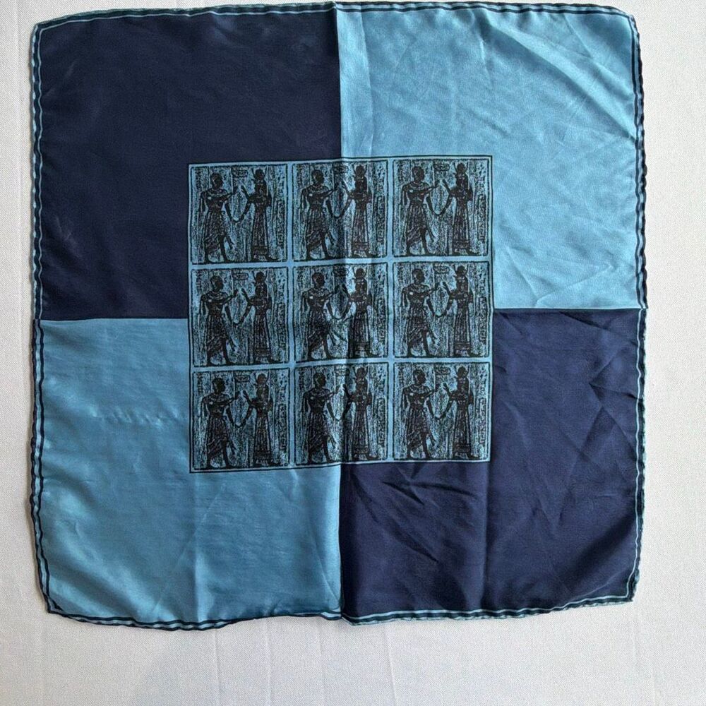 Ashear Vintage Silk Scarf Egyptian Iconography Blue Colorblok Hand Rolled